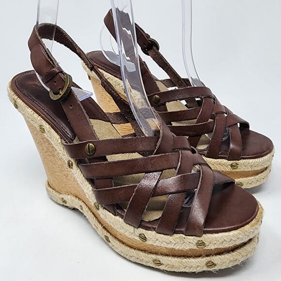 Michael Kors Wedge Sandal Women 7M Belinda Brown Leather Strappy Slingback Wood - Picture 1 of 12